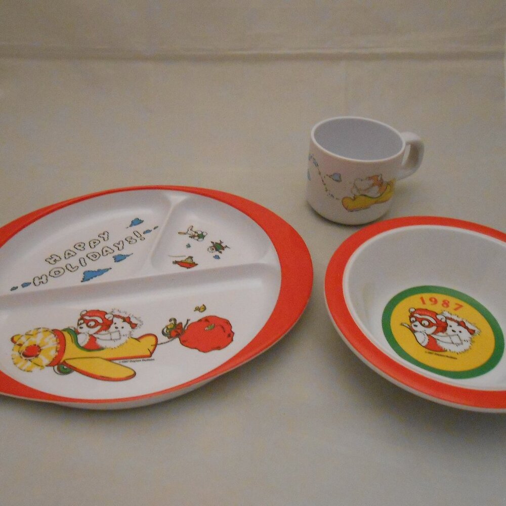 Vintage (1987) Dayton Hudson Melamine Christmas Plate Set, Santa Bear, Holiday